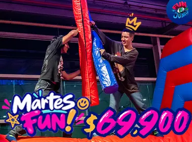 2X1 - LOS MARTES TU INVITAS A TU ACOMPAÑANTE - Tiempo de Inflata Park de 90 minutos. Se puede comprar de lunes a Domingo, pero solo será válido para uso de juegos los martes. Promoción NO incluye medias. Promoción válida solo los martes del mes de septiembre. No aplica con promociones y/o descuentos adicionales, valida de lunes a domingo y festivos, no incluye medias.